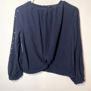 Zara Basics Long Sleeve Blue Blouse With Beads Size Small Dressy Top Office